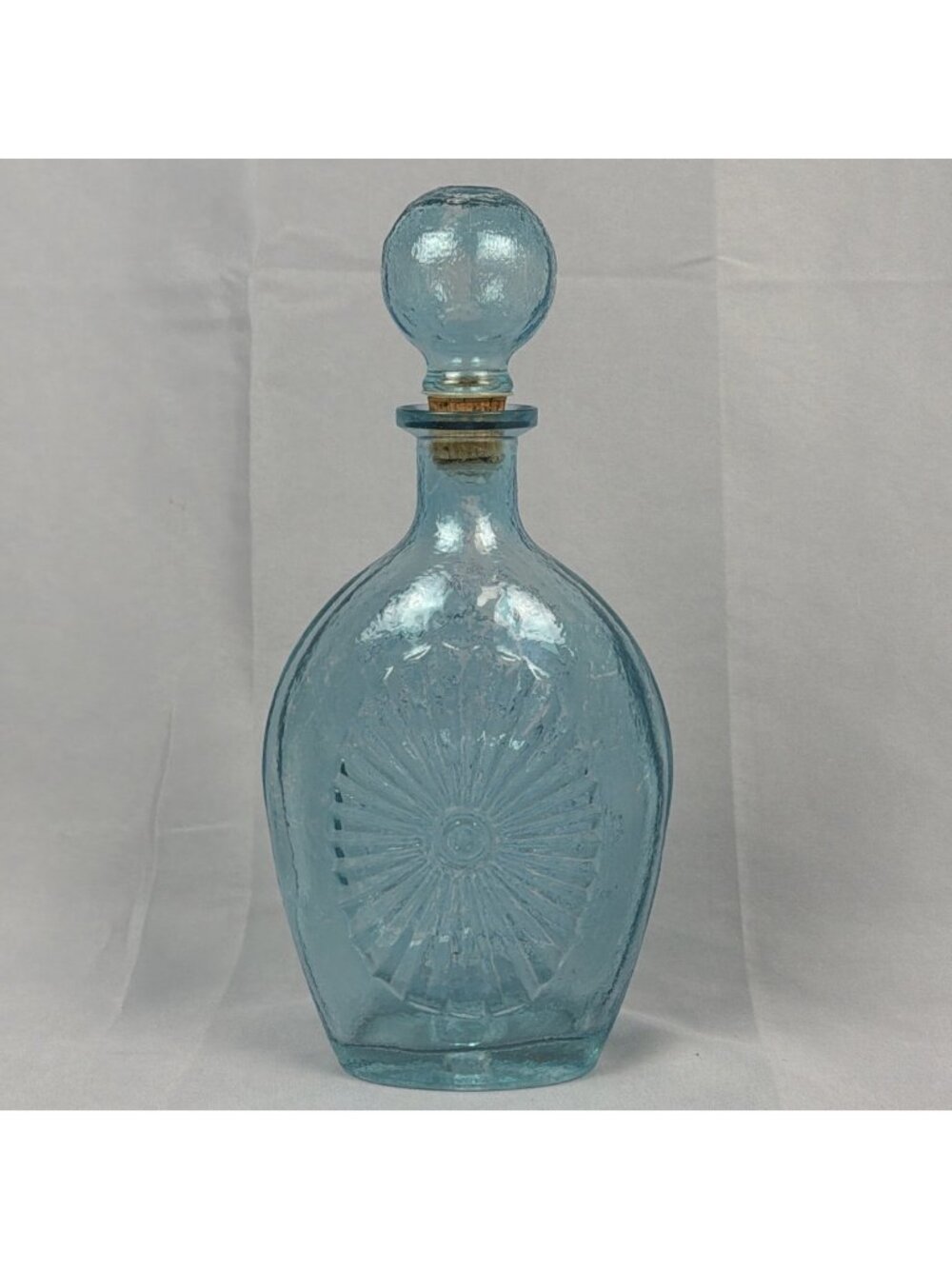 Vintage 1960s Blue Glass Celestial Sunburst Decanter Bottle 11"